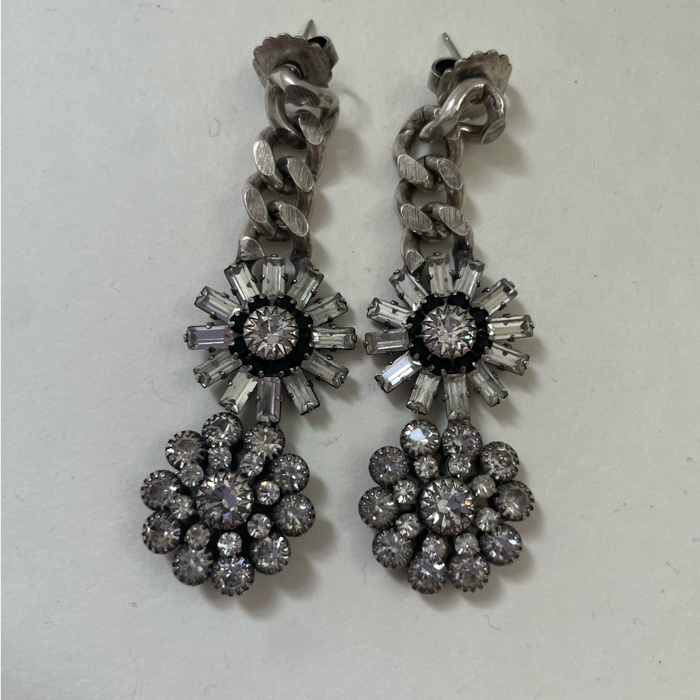Janis Savitt costume earrings rhinestone daisy hanging silver